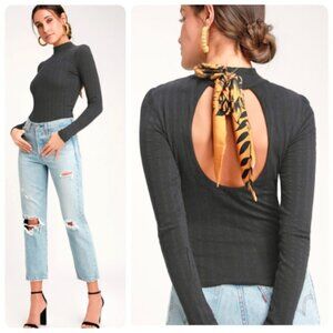 Free People Party in the Back Black Boho Ribbed Mock Neck Open Back Top XS